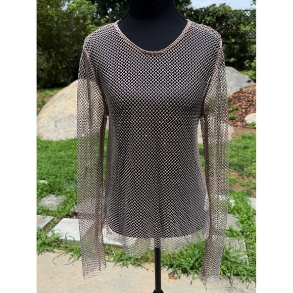 Rachel Zoe Tops - Rachel Zoe Mauve Pink Rhinestone Fishnet Mesh Long Sleeve‎ Top Womens Medium M